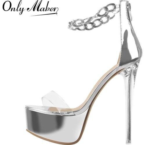 Onlymaker Sandals Women Summer Peep Toe Platform Metal Transparent High Heel Ankle Metal Chain Patent Leather PVC Band Zipper