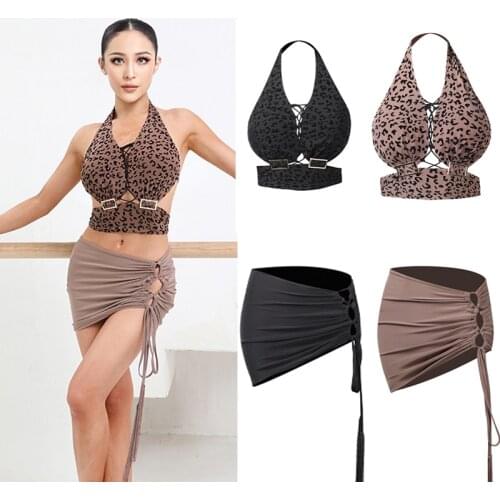 Sexy Lace-Up Halter Leopard Latin Tops With Chest Pad Drawstring Skirts Female Latin Dance Costumes Practice Clothes SL4956