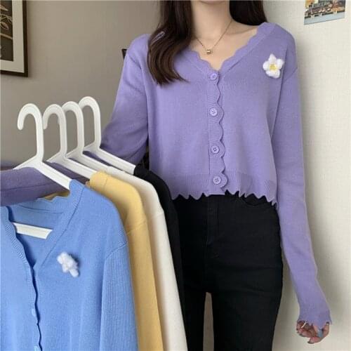 Sweet Knit Cardigan Womens Autumn 2020 New Korean 3D Floral Wave Edge Jacket Casual Loose 5 Color V-neck Tops