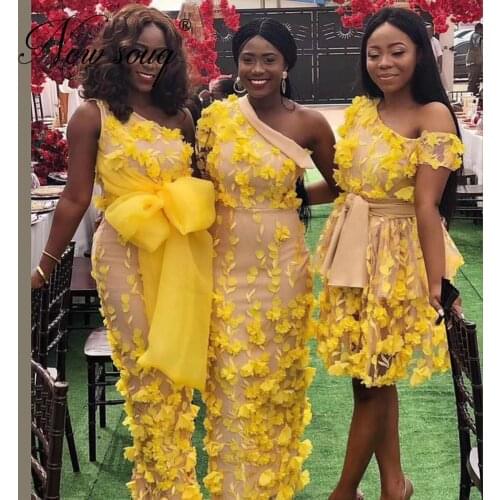 3Style Design Yellow Flower Evening Dress Middle East Black Girls Party Gown 2020 Arabic Dubai Long Prom Dresses Evening Clothes