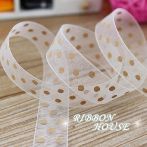 10 yards/lot) printed organza ribbon colored champagne small dots gift wrap decoration ribbons