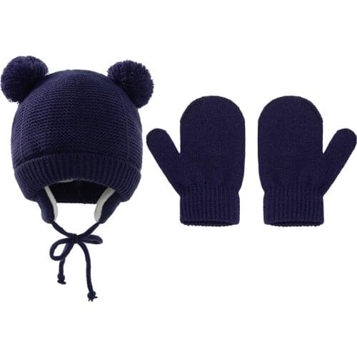 2Pcs/Set Solid Color Knitted Baby Hat Gloves Set Ear Protection Double Pompom Infant Girl Boy Beanies Winter Elastic Kid Mitten