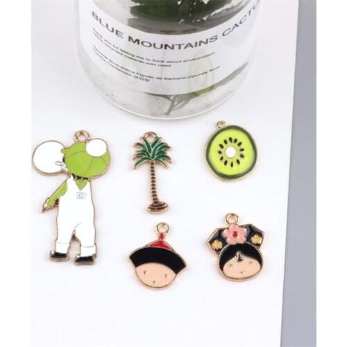 30PCs Cartoon Jewelry Charms Gold Tone Plated Drop Oil Enamel Alloy Ornament Accessories Cute Boy Girl Coconut Tree Kiwi fruit