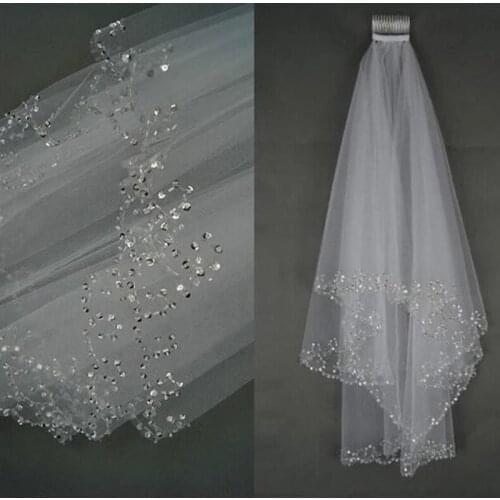 White or Ivory Short 2 Layer Wedding Veil with Comb Bride Crystal Bridal Veils 2023
