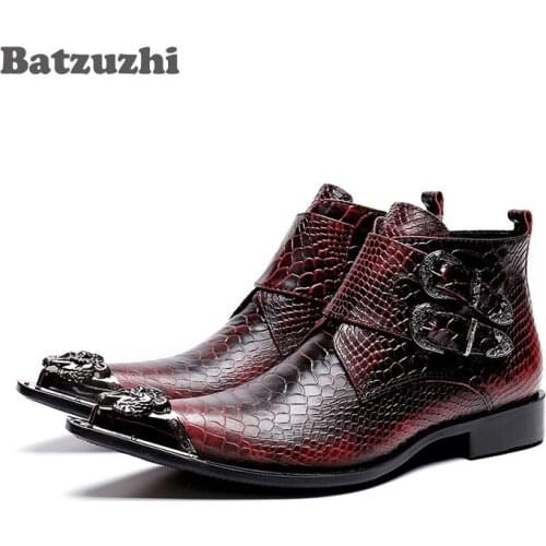 Batzuzhi Korean Type Fashion Men Boots botas hombre Leather Dress Boots Pointed Metal Tip Wine Red Party and Wedding Boots Men