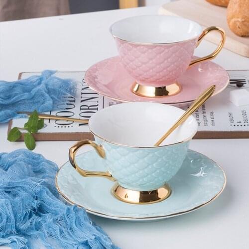 Ceramic Coffeeware Set Cups & Saucers Set Blue & Pink Fish Scale Sweetheart Coffee Mug Porcelain Afternoon Tea Cafe Drinkware