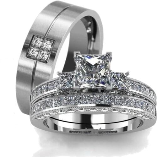 Carofeez Couple Rings Wedding Bands Stainless Steel Black Mens Ring Zircon Womens Ring Sets Anniversary Gift