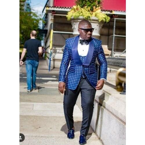TPSAADE 3 Pieces One Button Blue Polka Dot Groom Tuxedos Shawl Lapel Groomsmen Mens Wedding Prom Suits (Jacket+Pants+Vest+Tie)
