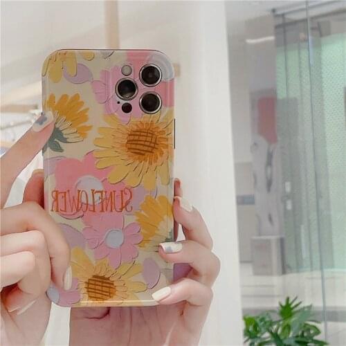 Retro sweet Summer sunflower oil painting Phone Case For iPhone 11 12 Pro Max Xs Max XR Xs 7 8 Plus X 7Plus case Cute Soft Cover