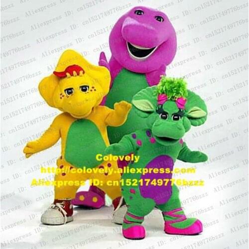 Wise Green Yellow Purple Barney Baby Bop Bob And BJ Dinosaur Dino Mascot Costume Cylinder Nose Water Drop Shaped Belly No.6538