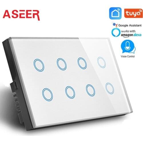 ASEER Tuya Smart Life APP Control WIFI Switch UK 110-240V,Crystal Glass 8 gang light wifi switch 600W,compatible Alexa Google