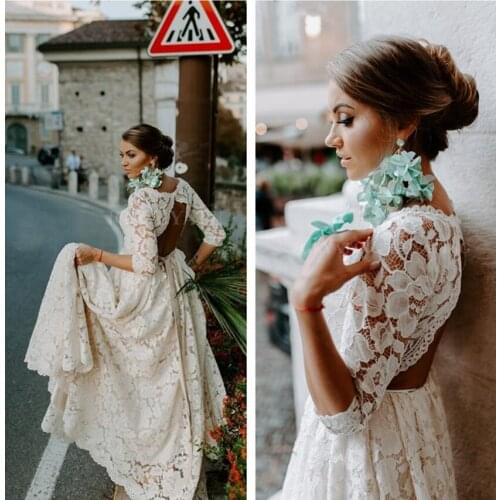 Full Lace Country Wedding Dresses A Line 3/4 Long Sleeves Sexy Backless Plus Size Rustic Bridal Gowns Beach Boho Bride Dress