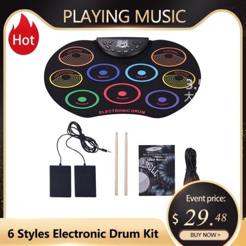 Portable Size Electronic Drum Kit 9 Silicon Drum Pads Roll-Up Drum Set USB/Battery Powered with Drumsticks Foot Pedal percussion