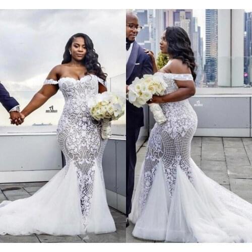 Luxury African Plus Size Wedding Dresses Mermaid 2021 Robe De Mariee Black Girl Lace Wedding Gowns Off The Shoulder Bride Dress