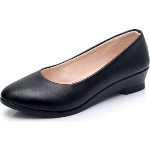 New Ladies Black Pumps Formal Low Heel Wedges Shoes Comfort Women Office Shoes Leather Pumps Work Office Mom Shoes Womens Pumps