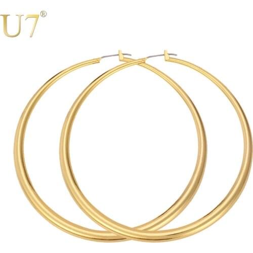 U7 5mm Thick Classic Shiny Polished Round Gold Lightweight Chunky Hoops Gold Hoop Earrings for Women Secure Click-Top 80mm E424