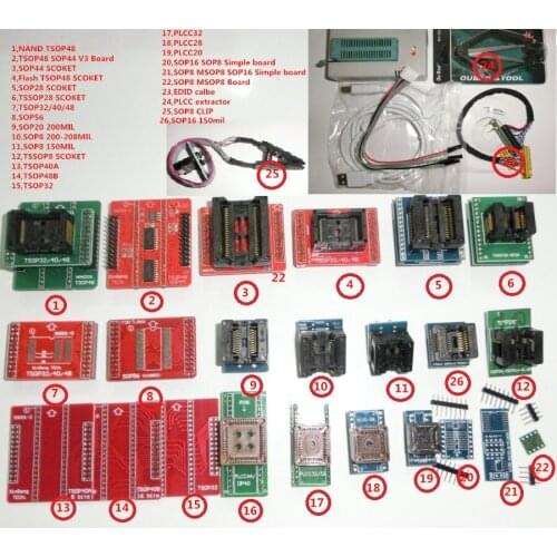 TL866II PLUS USB Programmer EEPROM FLASH AVR MCU PIC ICSP SPI in-circuit programming + 25 adapter +sop8 test clip