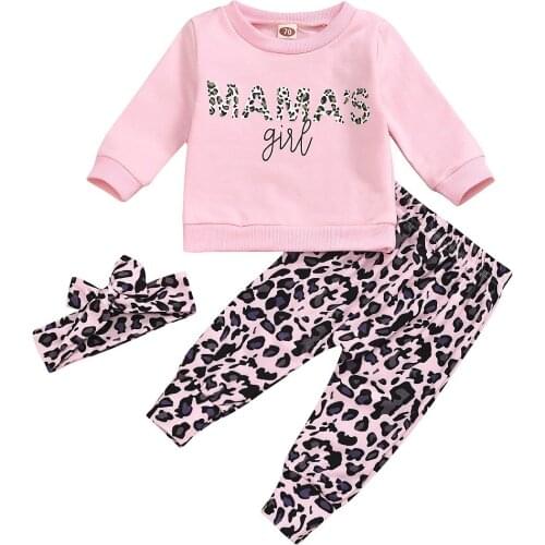 2021 spring baby girl clothes set pink leopard headband bow + long sleeve letters MAMAS GIRL t shirt + pant kids clothes
