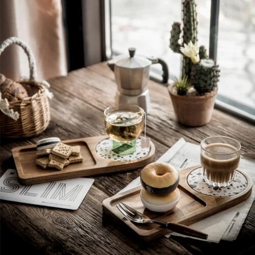 Japanese Acacia Wood Solid Wood Plate Beverage Dessert Rectangular Tray Ceramic Coasters Plate Dish for One Person