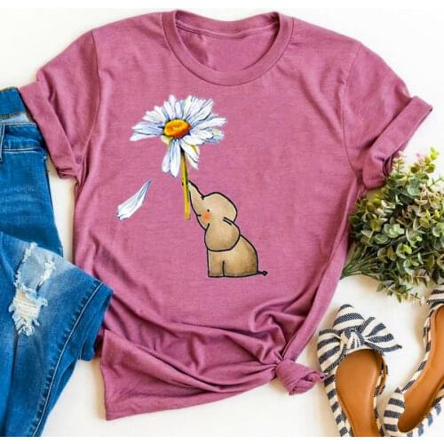 Cartoon Elephant Daisy Print T Shirt Women Short Sleeve O Neck Loose Tshirt Summer Women Tee Shirt Tops Camisetas Mujer