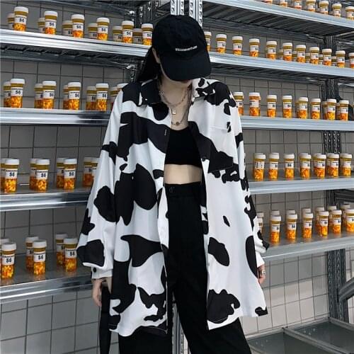 HOUZHOU Cow Print Women Blouses Korean Style Fashion Autumn 2020 Button Up Shirt Loose Long Sleeve Women Shirt Leisure Tops