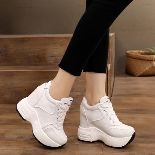 Womens Ankle Boots 2019 Autumn PU Leather Shoes Woman Platform Height Increased Sneakers 10 CM Thick Sole Wedges White Boots