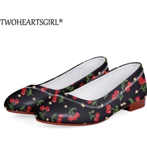 Twoheartsgirl Women Shoes Flat Cute Cherry Print Female Casual Work Flats Ladies Shoes 2021 Fashion Black Loafer Zapatos De Muje