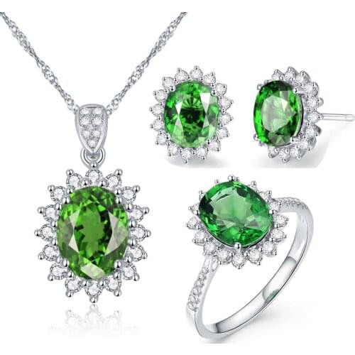 MOONROCY Silver Color CZ Green Crystal Opal Necklace Earrings and Ring Jewelry Set for OL Women Girls Drop Shipping Gift