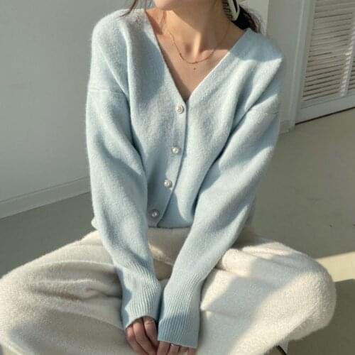 Alien Kitty Knitted Cardigans V-Neck Chic Pure Color Sweaters OL Women Elegant 2021 Autumn Full Sleeves Stylish Loose New Tops