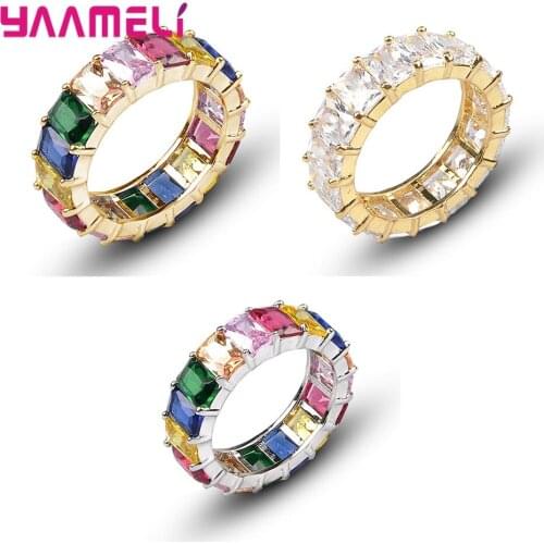Elegant Rainbow Ring Baguette Cubic Zirconia Engagement Wedding Band Ring for Women Girl 925 Sterling Silver Jewelry