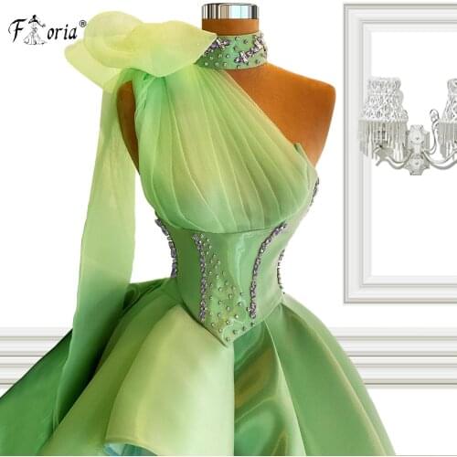 2021 New Fashion Green Evening Dress High Neck Crystals Long Dresses For Women Party One Shoulder Evening Gowns Vestidos