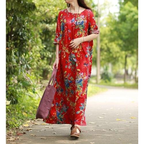 2020 Autumn Vintage Dresses Plus Size 3XL 4XL 5XL Cotton Linen Maxi Dress Women Loose Floral Print Boho Long Dress Robe female
