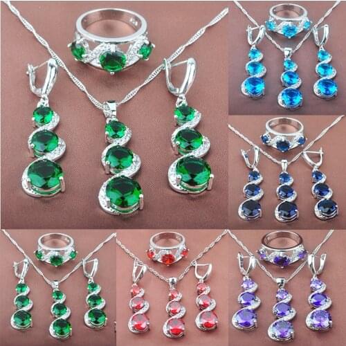 2020 New Green Crystal Zirconia Womens Silver Color Jewelry Sets Ring Necklace And Earrings Set TZ0138
