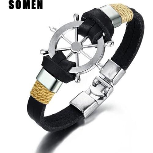 21mm Black Genuine Leather Bracelet Boat Rudder Design For Men High Polished Buckle Casual Mens Jewelry pulsera hombre