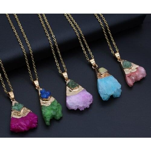 Natural Druzy Stone Pendant Necklace Irregural Agates Pendant Necklace Gold Chain for Jewelry Party Gift 18x38x12mm Length 40cm