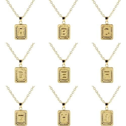 New Fashion 26 Letters Gold Color Square Rectangle Metal Plate Pendant Necklaces For Women Men Friends Jewelry GIft