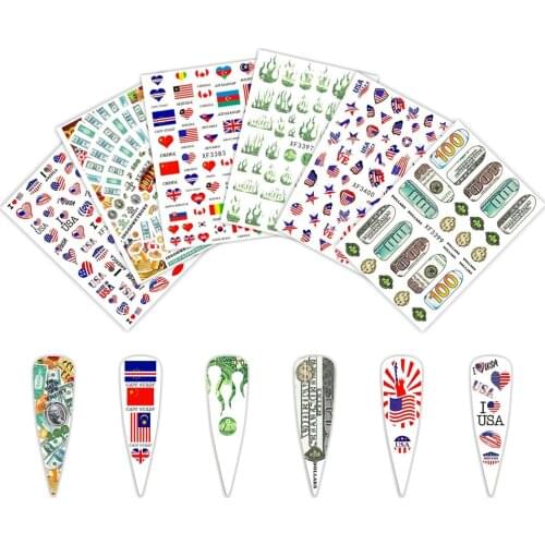 CHNRMJL 12Styles/Pack American Elements Design Adhesive Nail Sticker Decals Wraps 3D Sticker Tips DIY Nails Art Decoration Tool