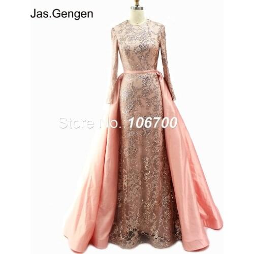 Detachable Long Over Skirt Glitter Ball Gown robe de soiree Evening Dress Long Sleeves O Neck Pink Formal wedding dress vestidos