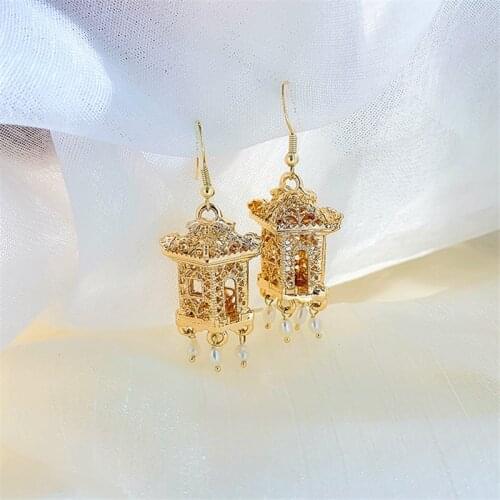 FYUAN Vintage Palace Drop Earrings Exquisite Gold Hollow House Dangle Earring Women Weddings Jewelry Gifts