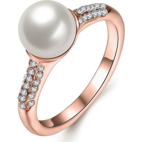 Jingyang Rings For Womens Fashion Crystal Imitation Pearl Jewelry Girls Charm Zircon Rose Gold Engagement Ring Wedding Jewelry