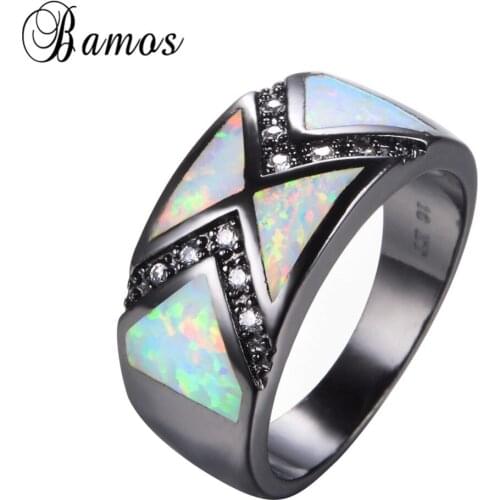 Bamos Mystic Rainbow Fire Opal Ring Black Gold Filled Geometric Style Wedding Party Rings For Women Men Retro Jewelry RB1018