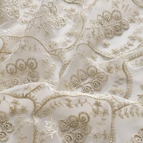 High Quality Soft Mesh Gold Embroidered Lace Fabric DIY Wedding Dress Accessories Width 130cm 1Yard