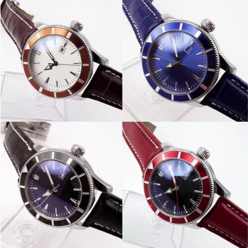 BLIGER Sterile Dial 46mm Automatic Mens Watch Date Window Luminous Marks Leather Strap Rotating Bezel