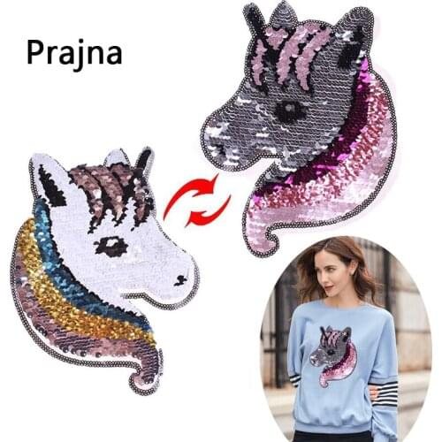 Prajna Unicorn Stickers Patches Reversible Change Color Sequins Patches For Clothing Cartoon Decoration Colorful Applique Jacket