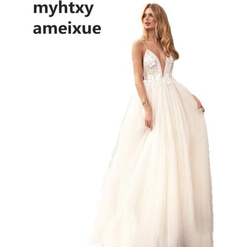 Cheap Beach Wedding Dress Backless 2020 Vestido De Noiva Princesa Sexy Bridal Dress Tulle A Line Wedding Dresses Spaghetti Strap