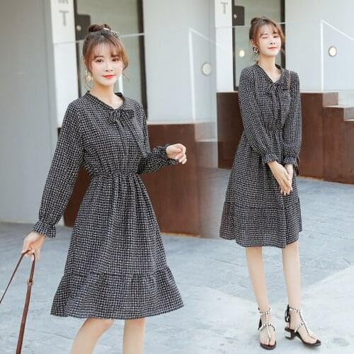 6606# Maternity Dress Spring Autumn Chiffon Striped Bow Knot Decoration Stylish Dress for Pregnant Women Mom Dress