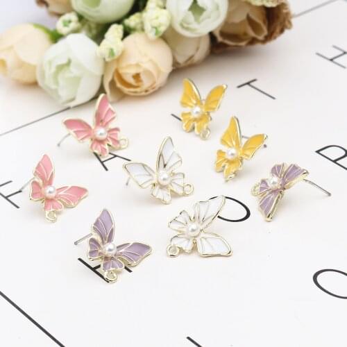 Zinc Based Alloy & Acrylic Insect Enamel Butterfly Animal Ear Post Stud Earrings Findings Gold Color Peach 16mm x 16mm, 4 PCs