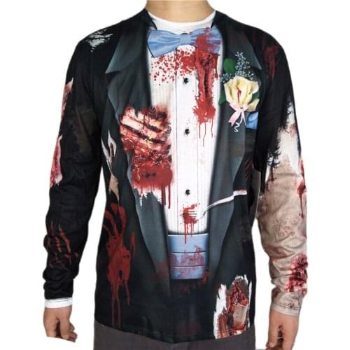 Scary Zombie Bridegroom Halloween Costume for Men Horror 3D Print Walking Dead Costume Long Sleeve Halloween Party T Shirt