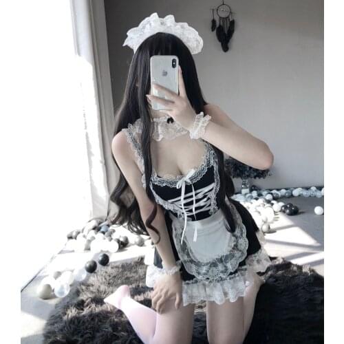 High-end quality sexy maid dress maid uniform Cosplay lace deep V hollow suit
