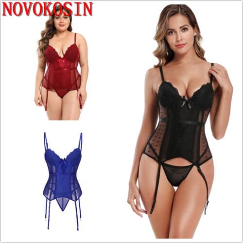 XS-6XL 2021 Plus Size Sexy Underwear Women Transparent Tulle Lace Corset Waist Gothic Black Spaghetti Strap Bustier With Garter